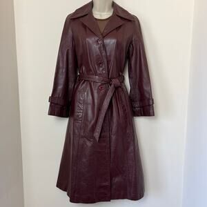TFC Vintage 1970s Burgundy Genuine Leather Trenchcoat Jacket Red Lining Size 8